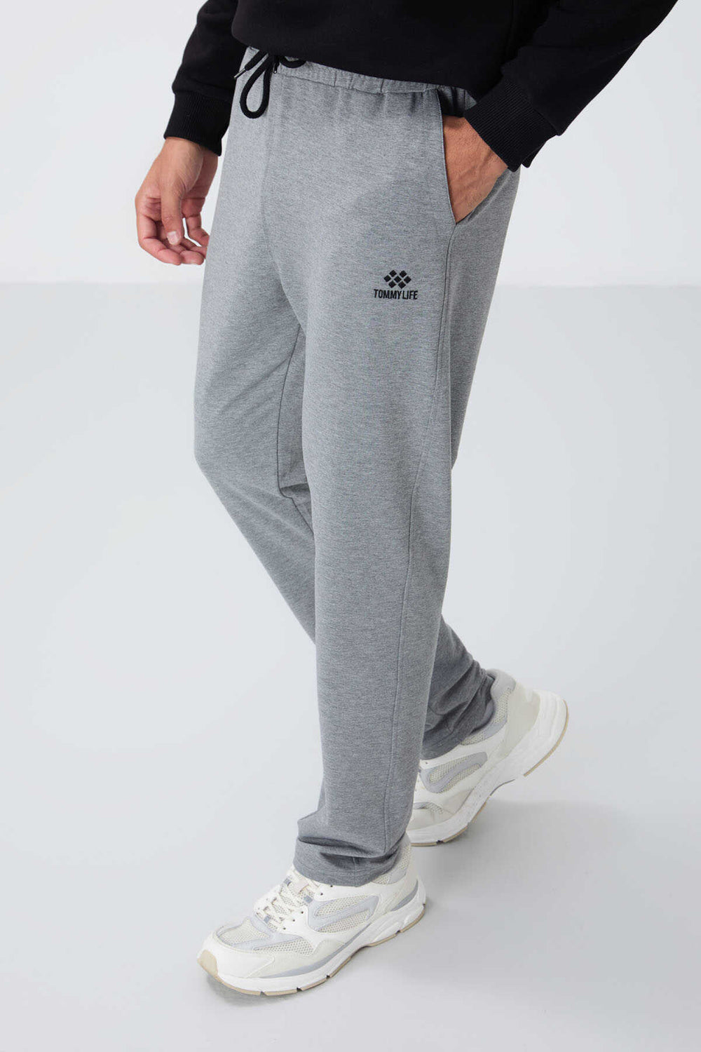 Tommylife Toptan Gri Melanj Bağcıklı Cepli Standart Kalıp Klasik Paça Erkek Eşofman Alt - 84682