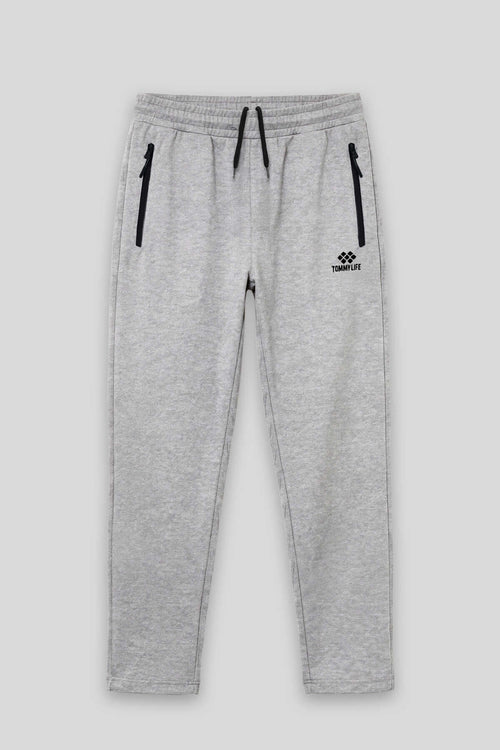 Pantaloni de trening Tommylife Wholesale Gri Melange Basic pentru bărbați, mărime mare, cu talie cu șnur și croială clasică - 84844