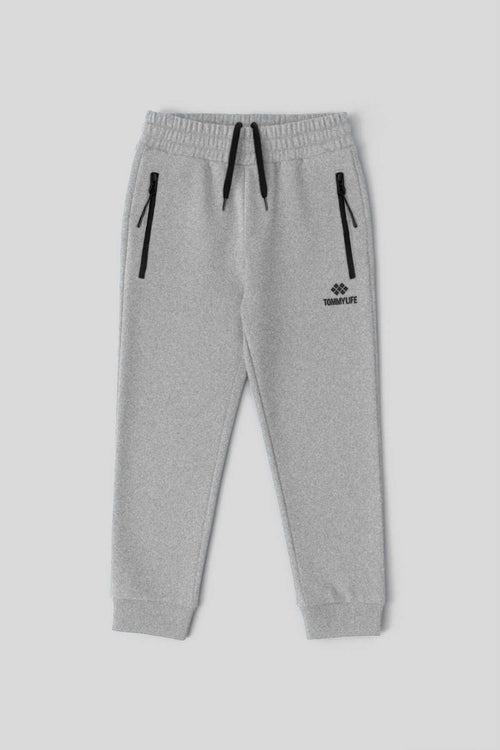 Pantaloni de trening Tommylife Wholesale Gri Melange Basic pentru băieți, cu buzunare cu fermoar și șnur în talie - 10798