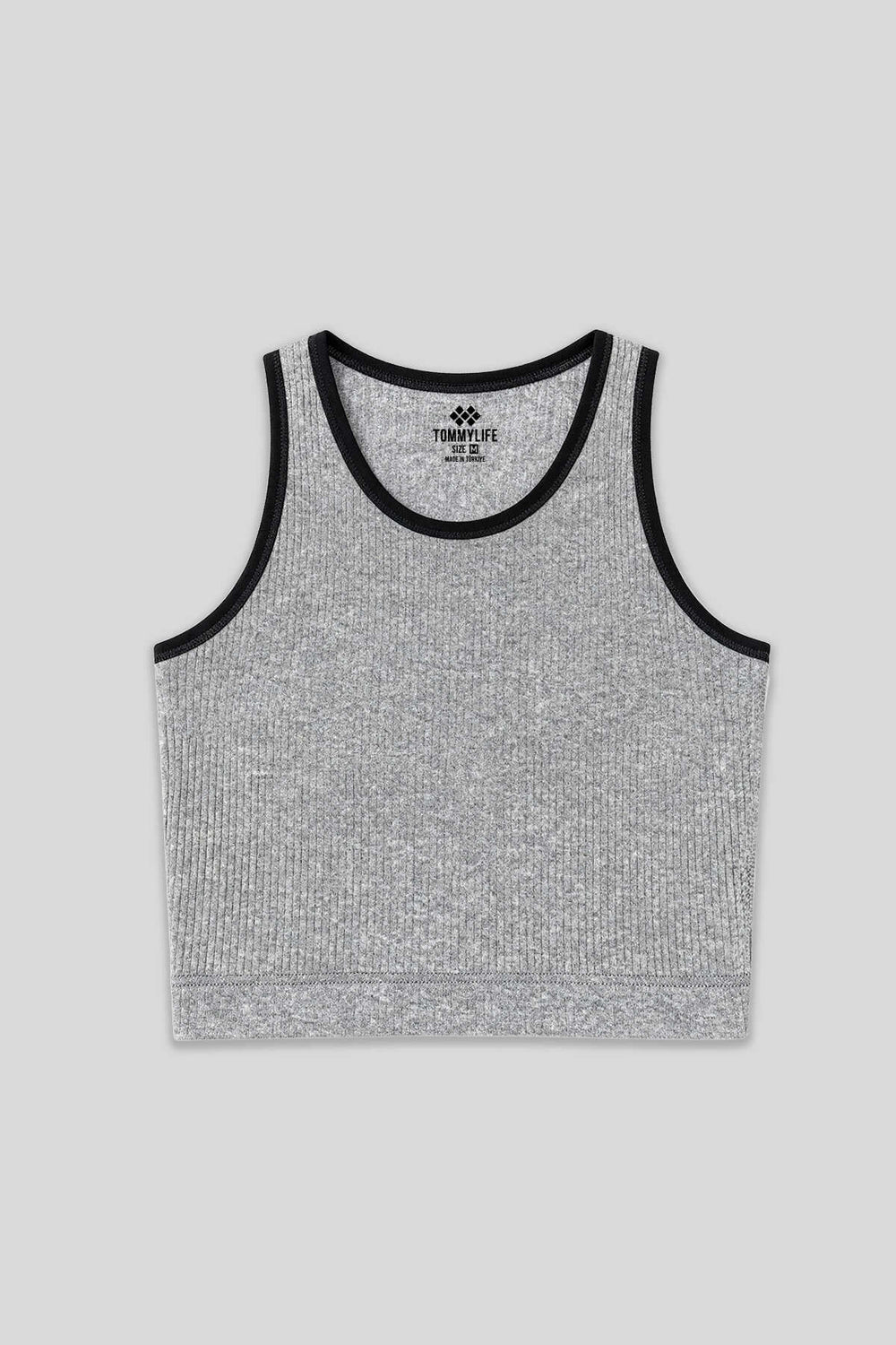 Tommylife Toptan Gri Melanj Basic Sıfır Kol Dar Kalıp U Yaka Kadın Crop Top - 97160
