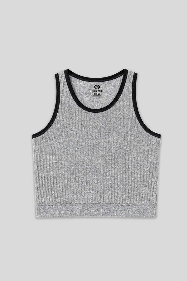 Tommylife Toptan Gri Melanj Basic Sıfır Kol Dar Kalıp U Yaka Kadın Crop Top - 97160