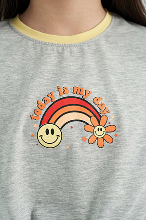 Tommylife Toptan Gri Melanj Baskı Detaylı O Yaka Çok Renkli Bağlama Detaylı Kız Çocuk T-Shirt - 75113