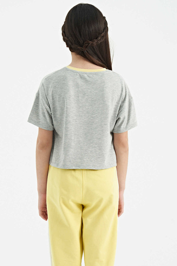 Tommylife Toptan Gri Melanj Renkli Yazı Baskılı O Yaka Oversize  Kısa Kollu Kız Çocuk T-Shirt - 75111
