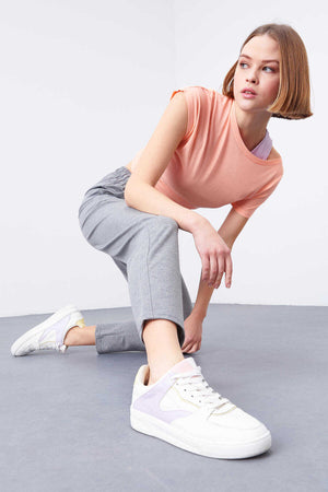 Pantaloni de trening Tommylife Wholesale, gri melanj, cu talie înaltă, croială confortabilă, slim fit, pentru femei - 94566