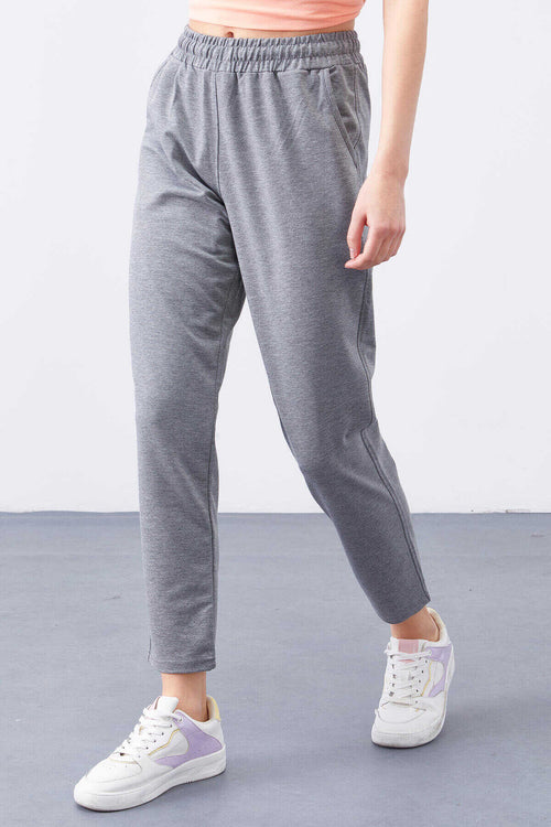 Pantaloni de trening Tommylife Wholesale, gri melanj, cu talie înaltă, croială confortabilă, slim fit, pentru femei - 94566