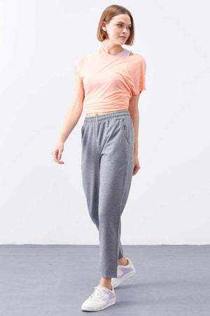 Pantaloni de trening Tommylife Wholesale, gri melanj, cu talie înaltă, croială confortabilă, slim fit, pentru femei - 94566