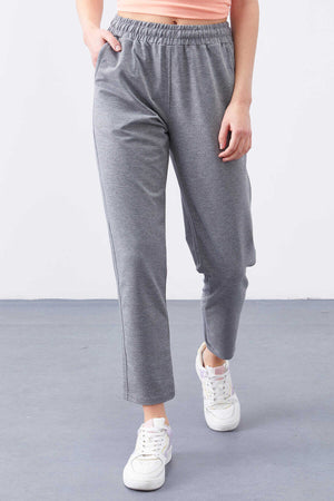 Pantaloni de trening Tommylife Wholesale, gri melanj, cu talie înaltă, croială confortabilă, slim fit, pentru femei - 94566