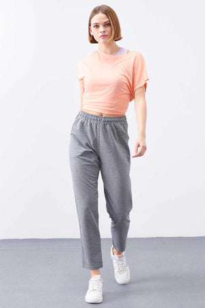 Pantaloni de trening Tommylife Wholesale, gri melanj, cu talie înaltă, croială confortabilă, slim fit, pentru femei - 94566