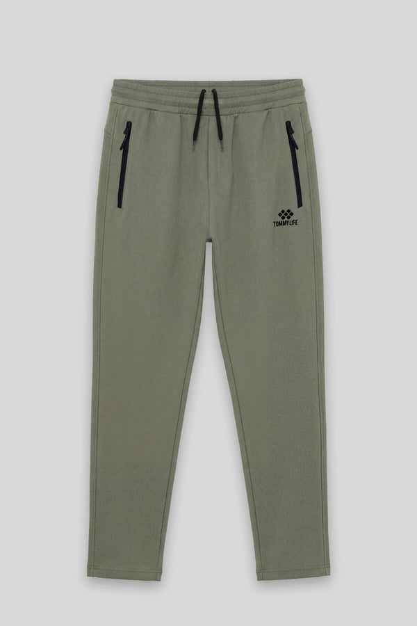 Tommylife Toptan Haki Basic Belden Bağcıklı Klasik Paça Erkek Büyük Beden Eşofman Alt - 84844