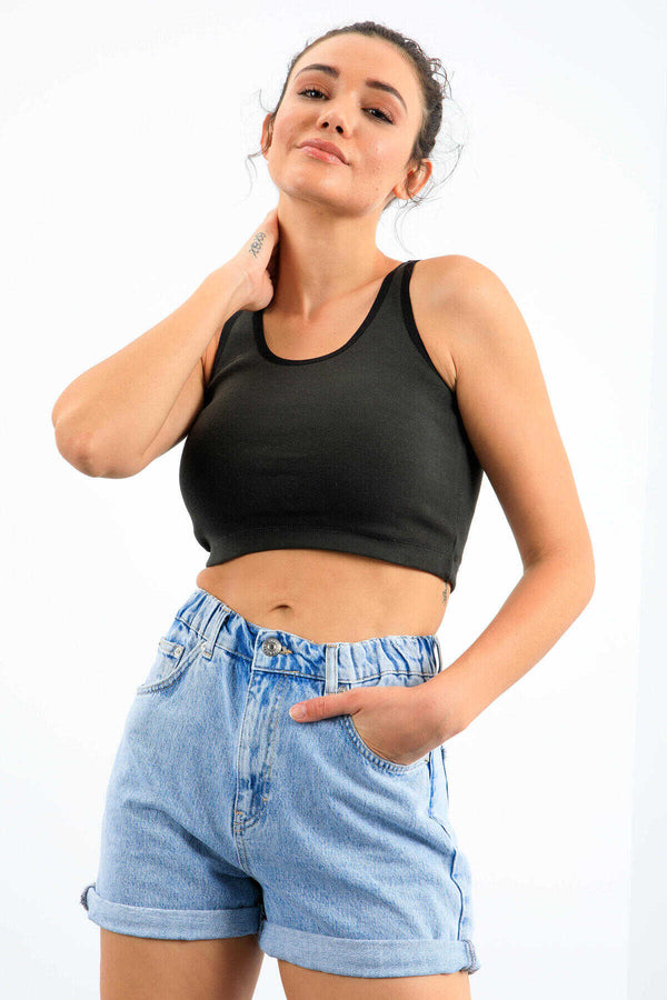 Tommylife Toptan Haki Basic Sıfır Kol Dar Kalıp U Yaka Kadın Crop Top Atlet - 97162