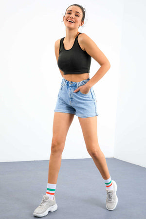 Tommylife Toptan Haki Basic Sıfır Kol Dar Kalıp U Yaka Kadın Crop Top Atlet - 97162
