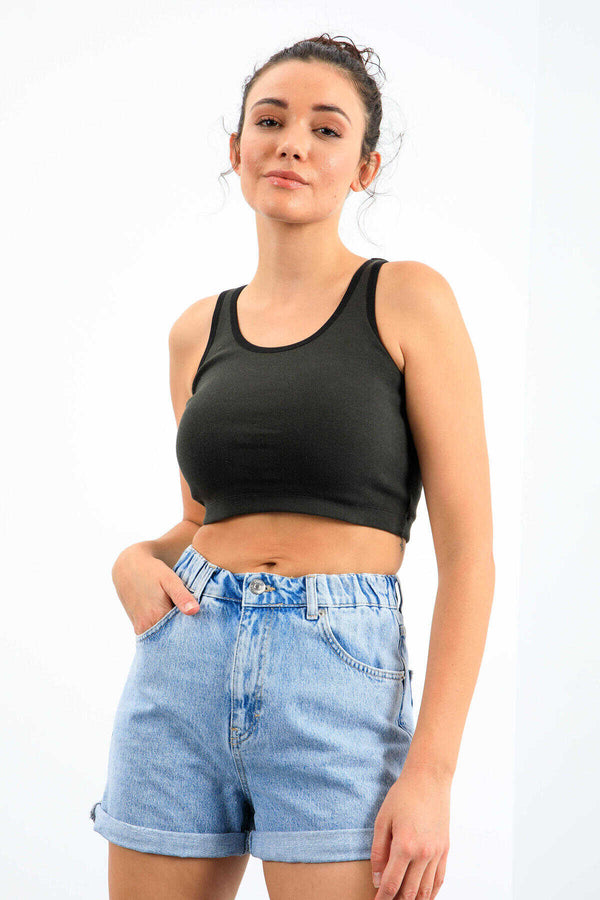 Maiou scurt pentru femei, fără mâneci, croială slim fit, cu decolteu în U, din kaki, Tommylife, en-gros - 97162