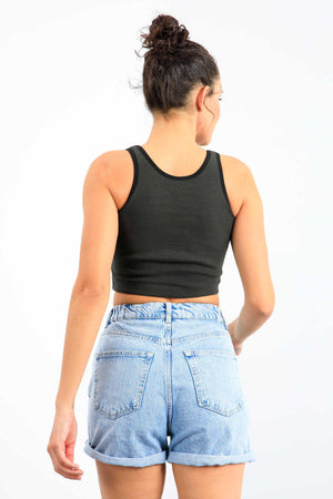 Maiou scurt pentru femei, fără mâneci, croială slim fit, cu decolteu în U, din kaki, Tommylife, en-gros - 97162