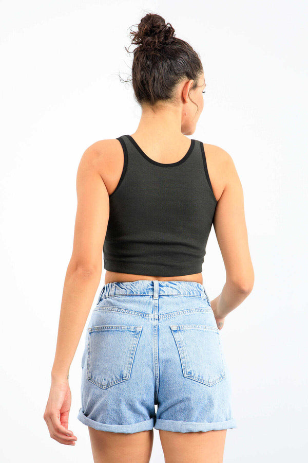 Maiou scurt pentru femei, fără mâneci, croială slim fit, cu decolteu în U, din kaki, Tommylife, en-gros - 97162