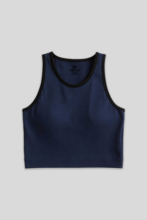 Maiou scurt pentru femei, fără mâneci, croială slim fit, cu guler în U, Tommylife Wholesale, Indigo Basic - 97162