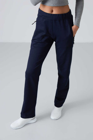 Pantaloni de trening Tommylife Wholesale Indigo pentru femei cu buzunare cu fermoar, croială confortabilă, model clasic pe picior - 94195