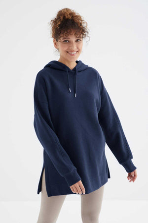 Tommylife Toptan İndigo Reglan Kol Basic Kapüşonlu Oversize Tunik - 97242