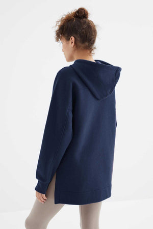 Tommylife Toptan İndigo Reglan Kol Basic Kapüşonlu Oversize Tunik - 97242