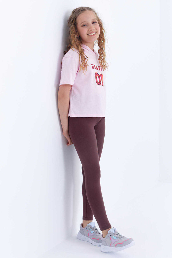 Tommylife Toptan Kahverengi Yüksek Bel Dar Paça Kız Çocuk Tayt  - 75047