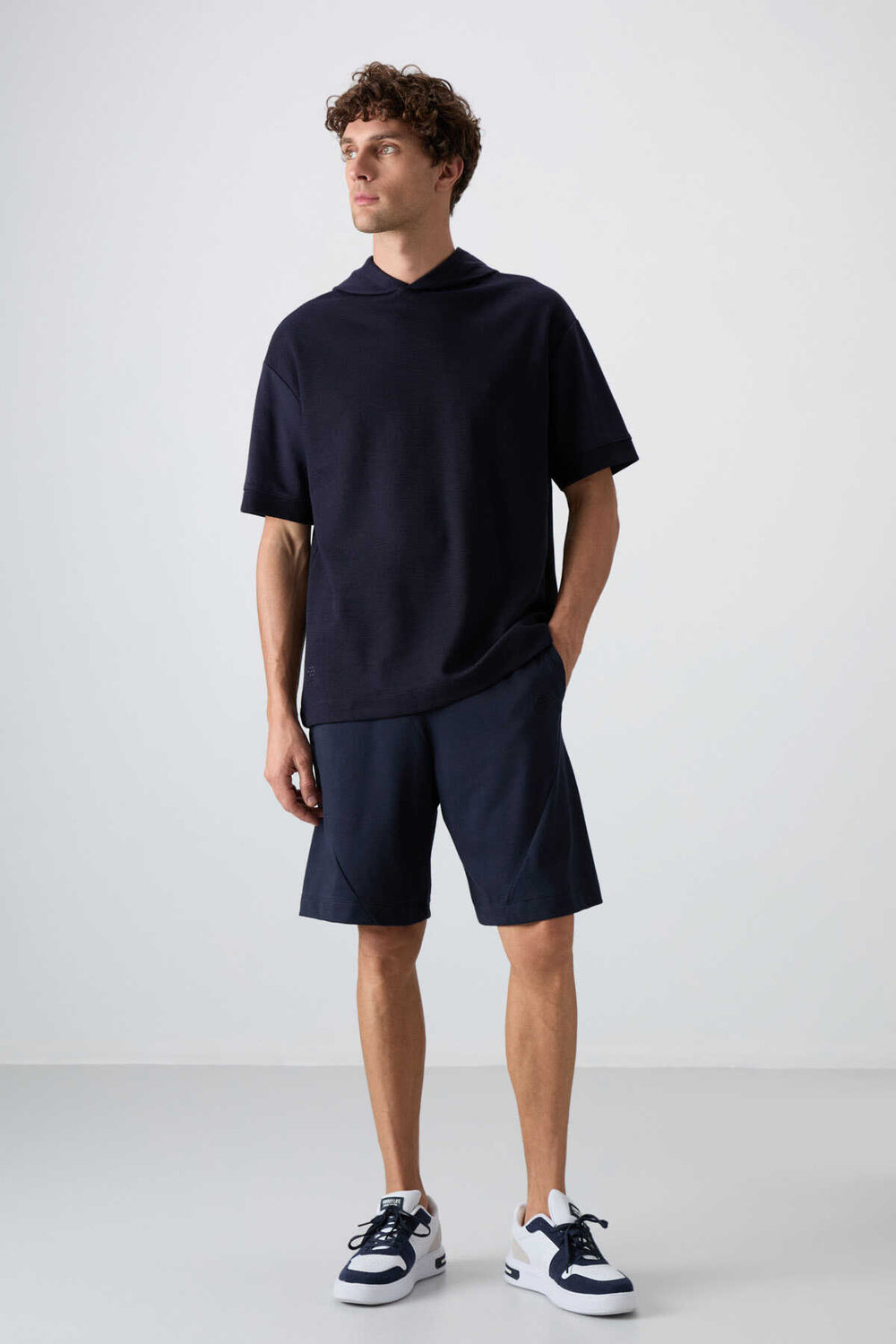 Tommylife Toptan Kapüşonlu Oversize Basic Erkek T-Shirt 88335 Lacivert
