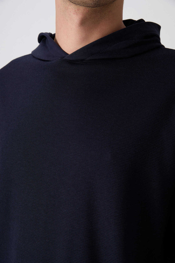 Tommylife Toptan Kapüşonlu Oversize Basic Erkek T-Shirt 88335 Lacivert