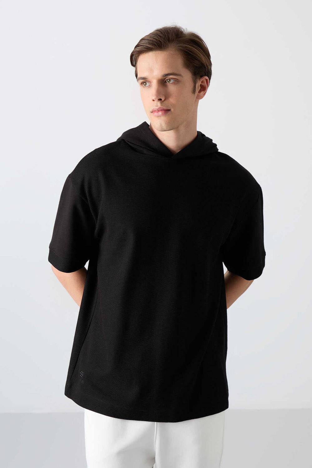Tommylife Toptan Kapüşonlu Oversize Basic Erkek T-Shirt 88335 Siyah