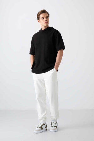 Tommylife Toptan Kapüşonlu Oversize Basic Erkek T-Shirt 88335 Siyah