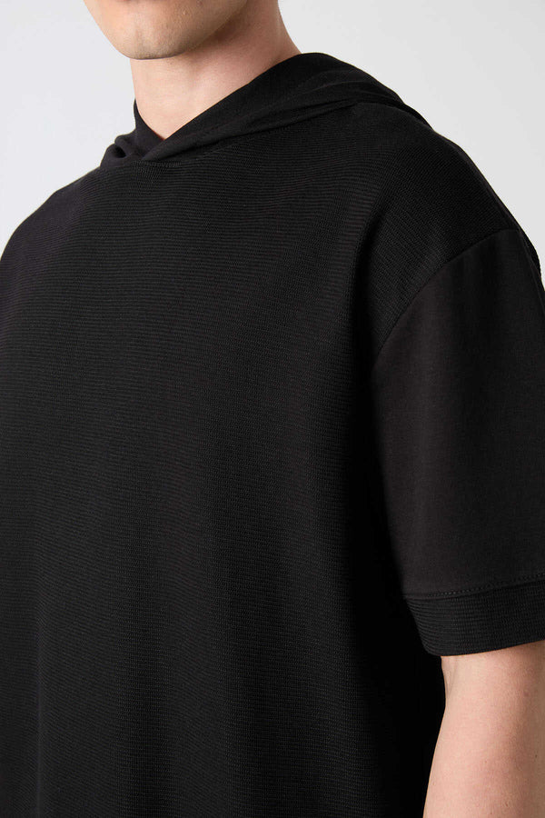 Tommylife Toptan Kapüşonlu Oversize Basic Erkek T-Shirt 88335 Siyah