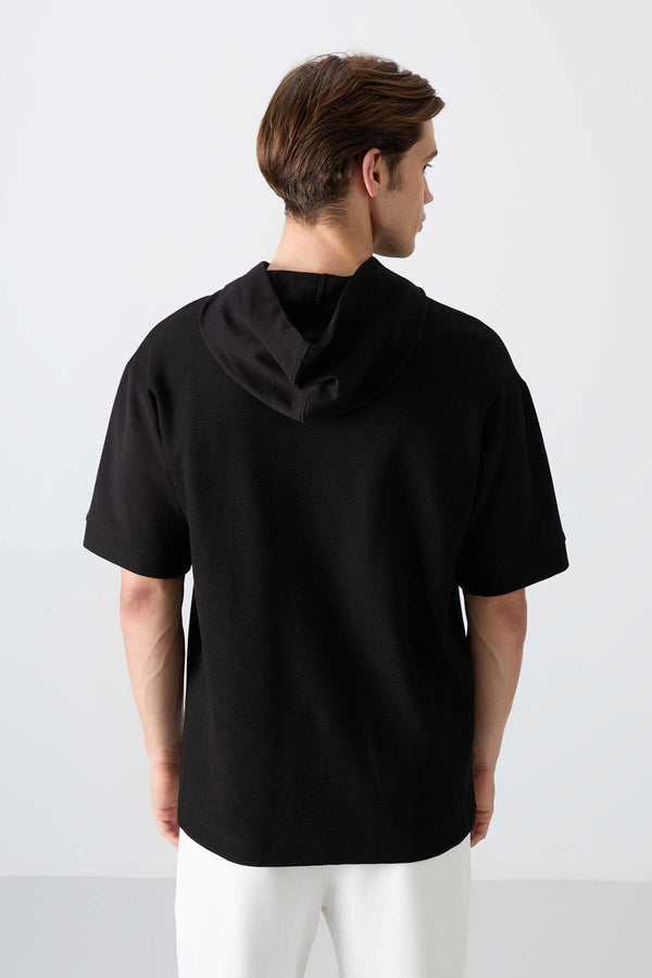 Tommylife Toptan Kapüşonlu Oversize Basic Erkek T-Shirt 88335 Siyah