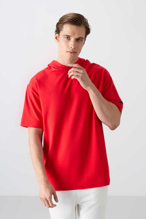 Tommylife Toptan Kapüşonlu Oversize Basic Erkek T-Shirt 88352 Fiesta