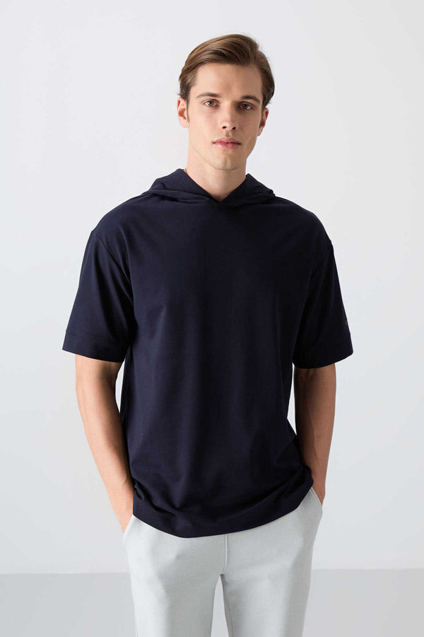 Tommylife Toptan Kapüşonlu Oversize Basic Erkek T-Shirt 88352 Lacivert