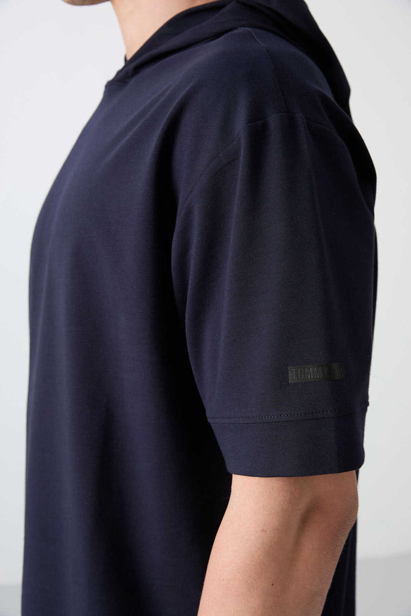 Tommylife Toptan Kapüşonlu Oversize Basic Erkek T-Shirt 88352 Lacivert