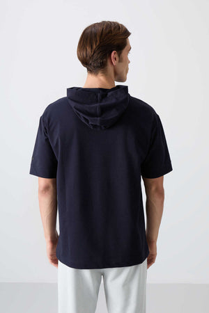 Tommylife Toptan Kapüşonlu Oversize Basic Erkek T-Shirt 88352 Lacivert