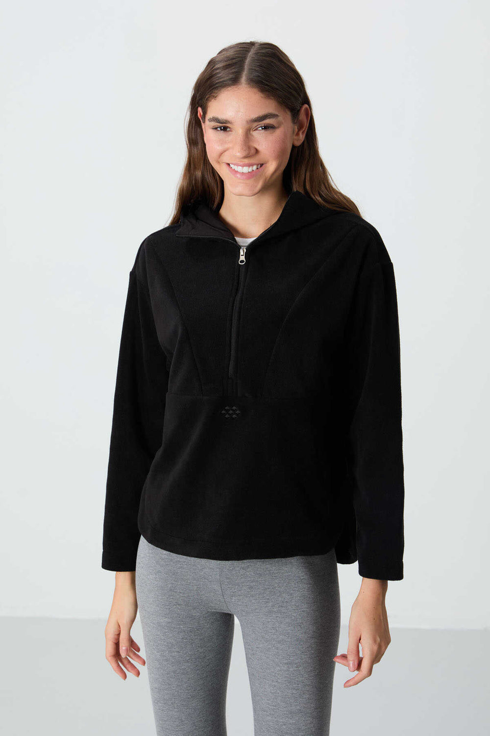 Tommylife Toptan Kapüşonlu Oversize Kadın Polar Sweatshirt 97286 Siyah