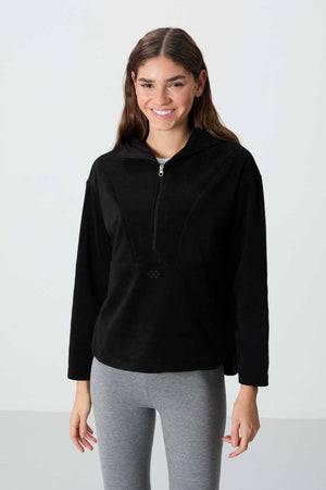 Tommylife Toptan Kapüşonlu Oversize Kadın Polar Sweatshirt 97286 Siyah