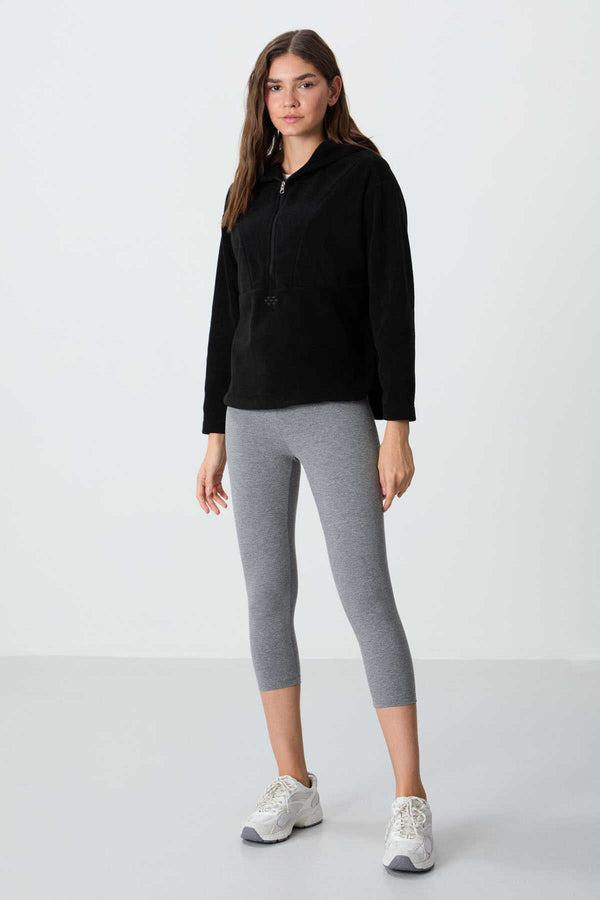 Tommylife Toptan Kapüşonlu Oversize Kadın Polar Sweatshirt 97286 Siyah