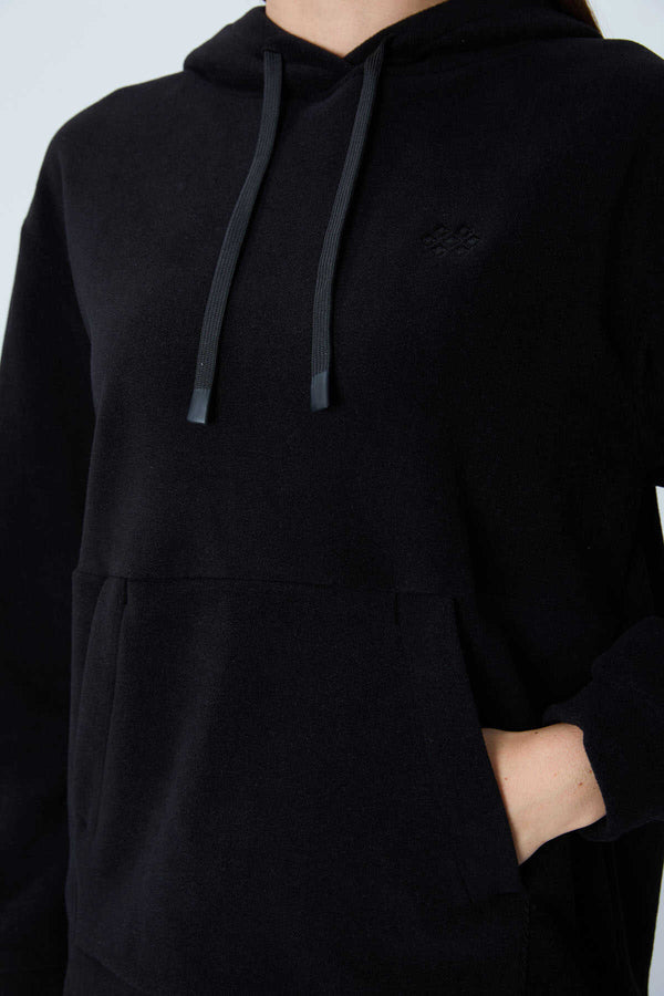 Tommylife Toptan Kapüşonlu Oversize Kadın Polar Sweatshirt 97292 Siyah