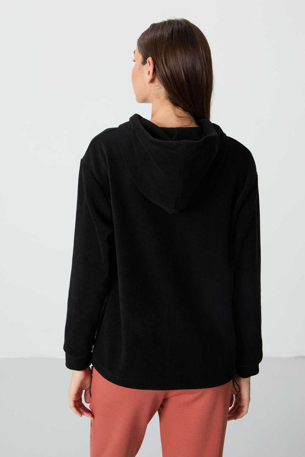 Tommylife Toptan Kapüşonlu Oversize Kadın Polar Sweatshirt 97292 Siyah