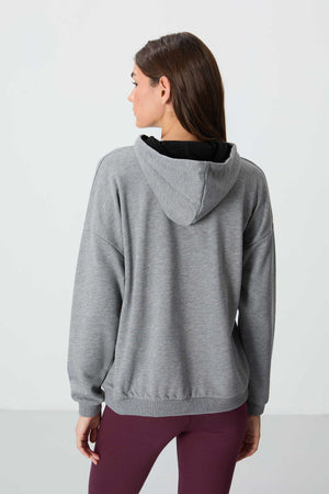 Tommylife Toptan Kapüşonlu Oversize Kadın Sweatshirt 97291 Gri Melanj