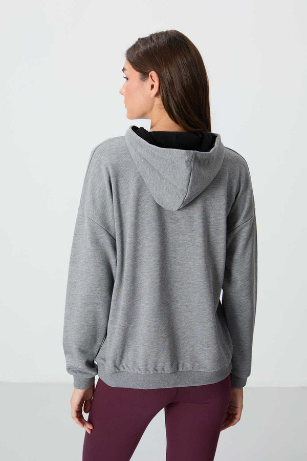Tommylife Toptan Kapüşonlu Oversize Kadın Sweatshirt 97291 Gri Melanj
