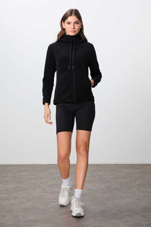 Tommylife Toptan Kapüşonlu Standart Kalıp Fermuarlı Kadın Polar Sweatshirt 97287 Siyah