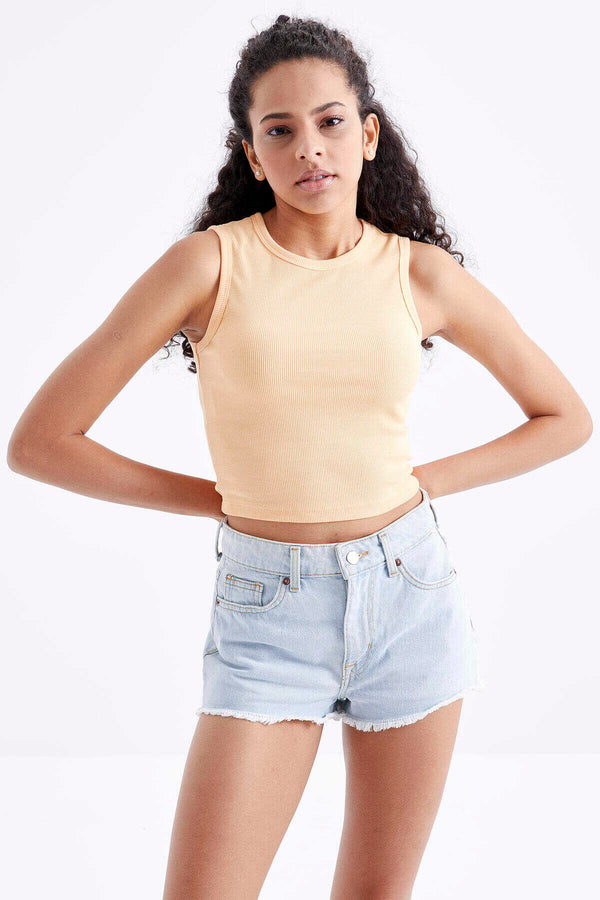 Tommylife Toptan Kavuniçi Basic Kolsuz O Yaka Kadın Crop Top Atlet - 97204