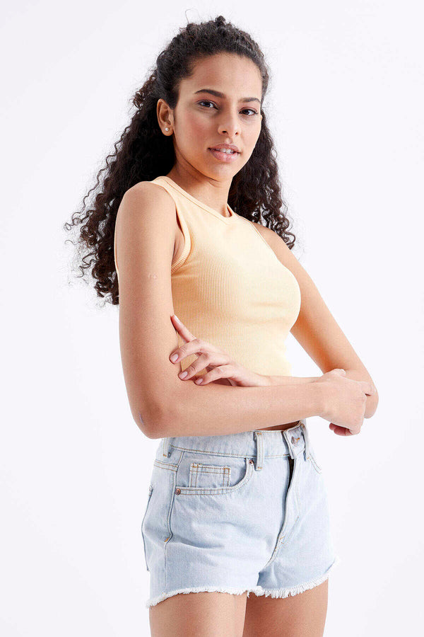 Tommylife Toptan Kavuniçi Basic Kolsuz O Yaka Kadın Crop Top Atlet - 97204
