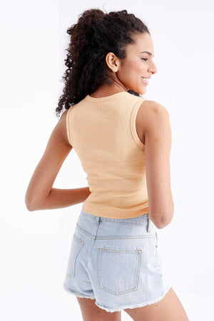 Tommylife Toptan Kavuniçi Basic Kolsuz O Yaka Kadın Crop Top Atlet - 97204
