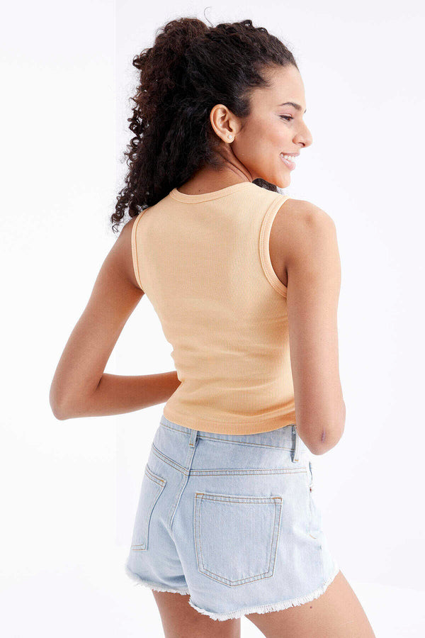Tommylife Toptan Kavuniçi Basic Kolsuz O Yaka Kadın Crop Top Atlet - 97204