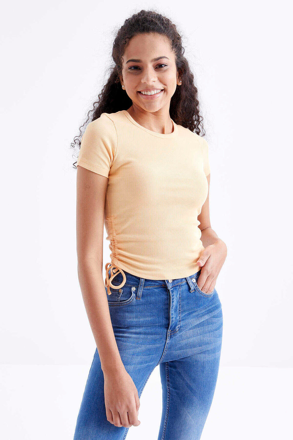 Tommylife Toptan Kavuniçi Basic Yanı Büzgülü O Yaka Kadın Crop Top T-Shirt - 97203