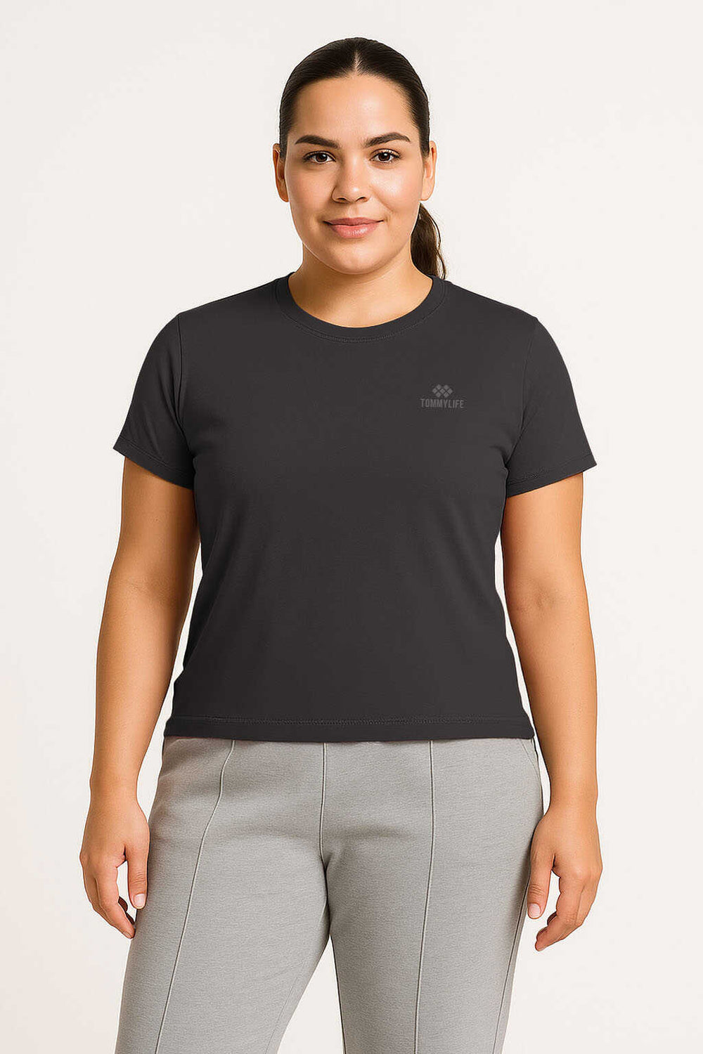 Tommylife Toptan Koyu Gri O Yaka Basic Battal Büyük Beden Kadın T-Shirt - 97308