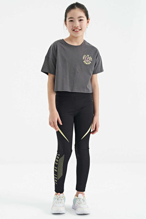 Tommylife Toptan Koyu Gri Ön Arka Baskılı O Yaka Düşük Omuz Oversize Kısa Kollu Kız Çocuk T-Shirt - 75126