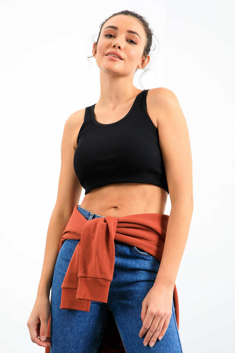 Tommylife Toptan Lacivert Basic Sıfır Kol Dar Kalıp U Yaka Kadın Crop Top Atlet - 97160