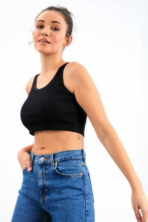 Maiou scurt pentru femei, bleumarin, fără mâneci, croială slim fit, cu decolteu în U, Tommylife Wholesale - 97160